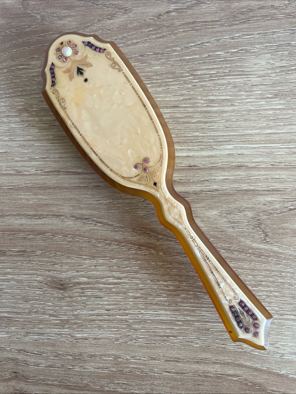 VTG Celluloid/Bakelite Vanity Hair Brush 9” Pink Rhinestone Pearl Style Art Deco